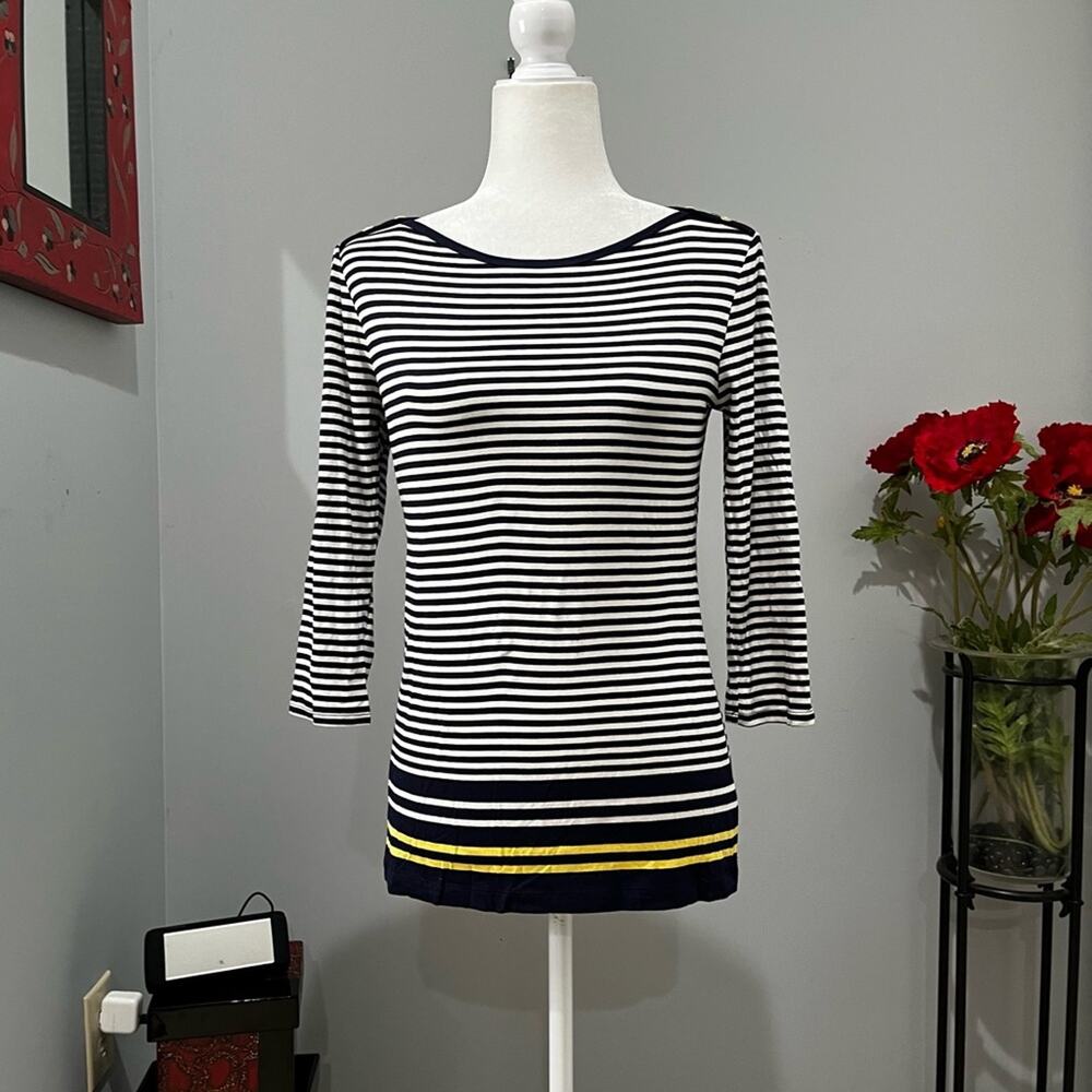 NEW Max Studio Navy Striped Boatneck Longline 3/4 Sleeve Casual Shirt Top S NWT